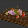 Fresh Fruits in Wicker Basket on Wooden Cutting Board with Scattered Oranges Apples and Pears