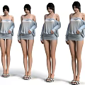 Women In Light Blue Off Shoulder Dresses With Black And White Sandals In Various Poses