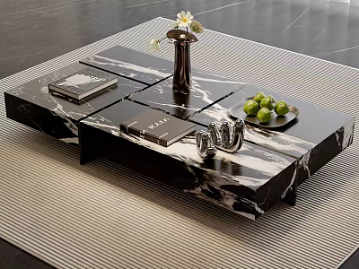 Modern Black And White Marble Coffee Table With Vase Books Fruit Plate And Cactus Decor 3d model