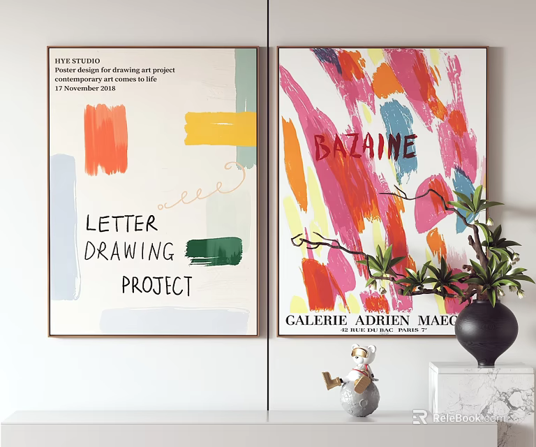 Colorful Art Prints Featuring Letter Drawing Project And Bazaine Text With Vase Decor 3d model 