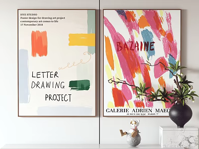 Colorful Art Prints Featuring Letter Drawing Project And Bazaine Text With Vase Decor 3d model