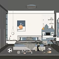 Modern Kids Room Interior With Bed Bookshelves Toys Desk Decorative Painting And Storage Rug