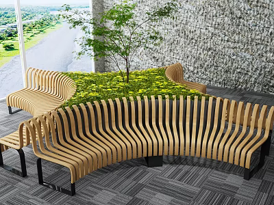 Wooden Curved Outdoor Chairs with Green Plants Stone Wall and Outside View 3d model