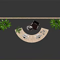 Curved Wooden Reception Desk with Woman Staff Computers Green Plants Wooden Walls and Black Floor