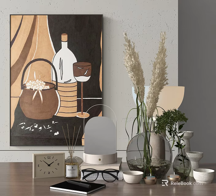 Decorative Ornament Set With Clock Diffuser Vases Dried Pampas Grass And Decorative Lamp 3d model