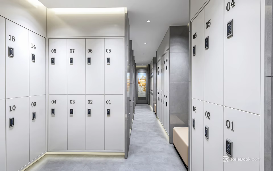 Neatly Arranged Numbered White Lockers Interior With Corridor Walls And Gray Floor 3d model 