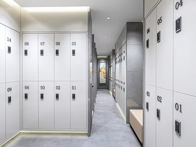 Neatly Arranged Numbered White Lockers Interior With Corridor Walls And Gray Floor 3d model