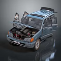 Blue Minivan with Open Doors and Hood Revealing Engine and Interior Details