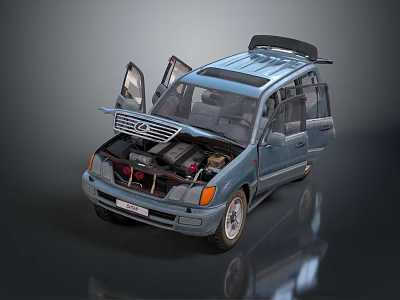 Blue Minivan with Open Doors and Hood Revealing Engine and Interior Details 3d model