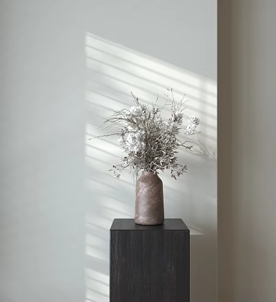 Stylish Bonsai Plant On Black Small Table With Light Colored Wall And Shadow 3d model