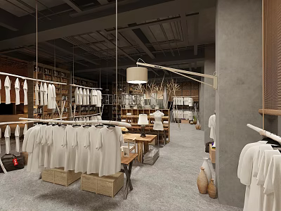 Modern Clothing Store Interior Featuring White Clothes And Display Racks 3d model