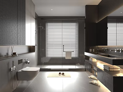 Modern Bathroom Interior Design With Dark Cabinets Shower Area Double Sinks And Window Blinds 3d model