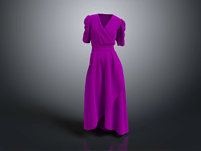 Stylish Purple V neck Dress with Puffed Sleeves Waist Belt and Long Length Design 3d model