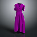 Stylish Purple V neck Dress with Puffed Sleeves Waist Belt and Long Length Design