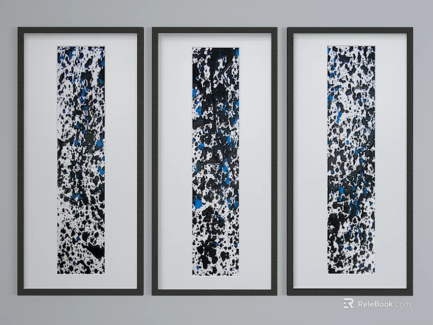 Three Black Framed Abstract Paintings Featuring White Blue Black Splatter Patterns 3d model