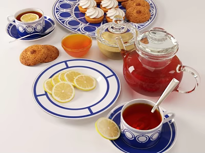 Traditional Afternoon Tea Spread With Lemon Slices Cookies Cupcakes And Jam 3d model