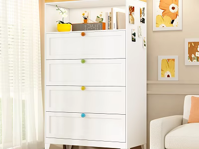White Chest of Drawers With Colorful Knobs And Decorative Items In Living Room 3d model