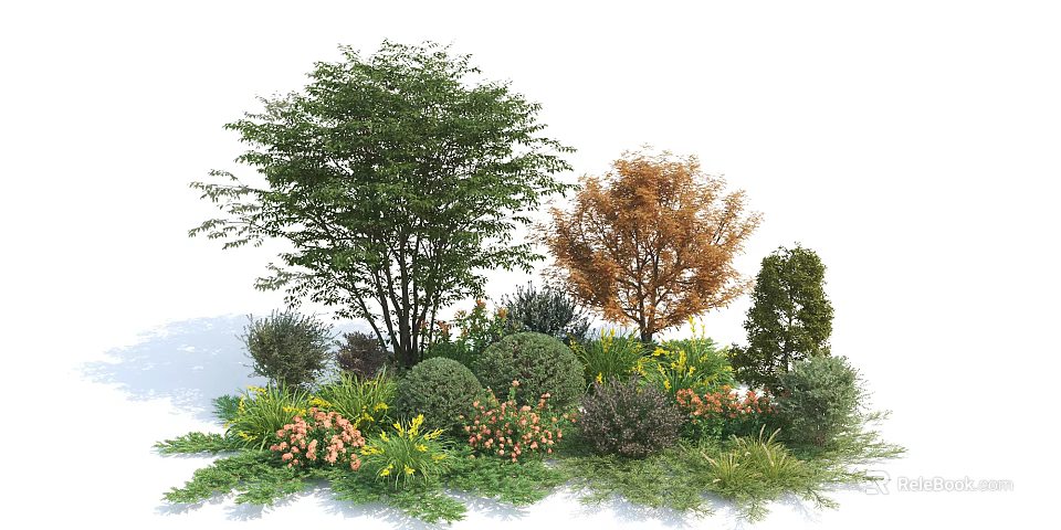 Various Garden Shrubs With Green Orange Leaves And Pink Yellow Flowers In Landscaping Design 3d model 