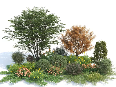 Various Garden Shrubs With Green Orange Leaves And Pink Yellow Flowers In Landscaping Design 3d model