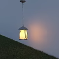 Pendant Light Hanging From Chain White Lampshade Yellow Light Spot On Gray Wall Green Grass