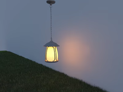 Pendant Light Hanging From Chain White Lampshade Yellow Light Spot On Gray Wall Green Grass 3d model