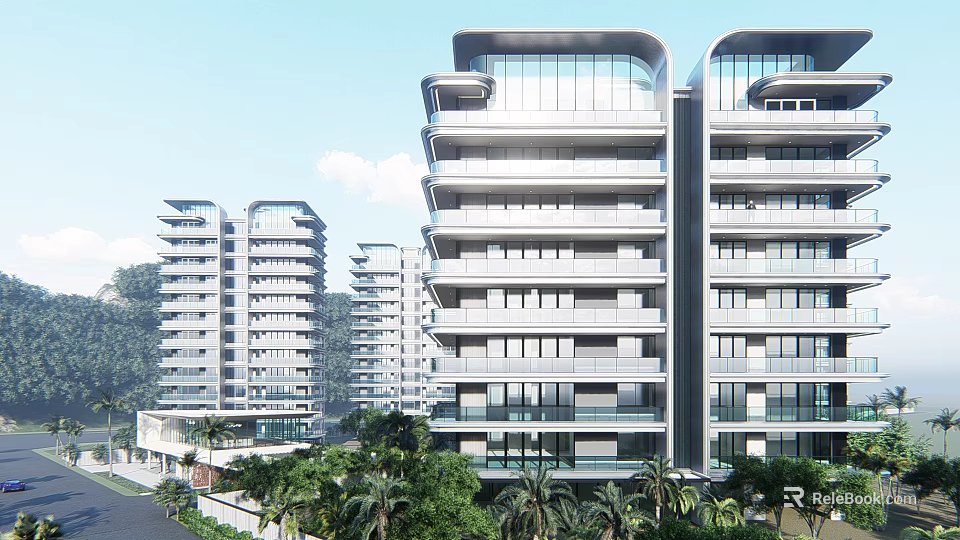 Modern High Rise Residential Buildings With Simple Exterior And Large Glass Windows Surrounded By Greenery 3d model 