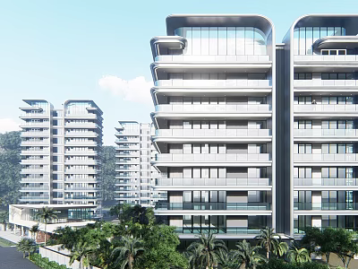 Modern High Rise Residential Buildings With Simple Exterior And Large Glass Windows Surrounded By Greenery 3d model