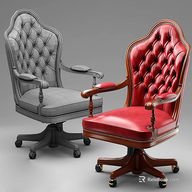 Luxury Leather Office Chair With Tufted Design Armrests And Rolling Wheels In Gray And Red 3d model 