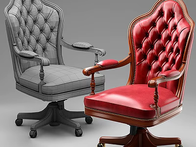 Luxury Leather Office Chair With Tufted Design Armrests And Rolling Wheels In Gray And Red 3d model