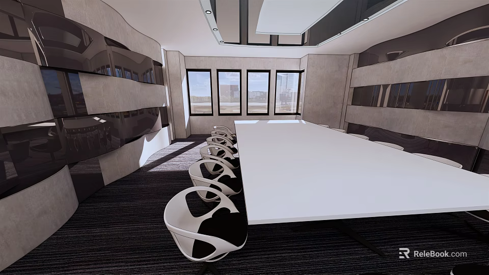Modern Conference Room Interior With Long White Table Stylish Chairs And Large Windows 3d model 