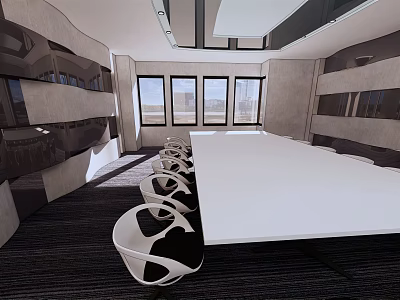 Modern Conference Room Interior With Long White Table Stylish Chairs And Large Windows 3d model