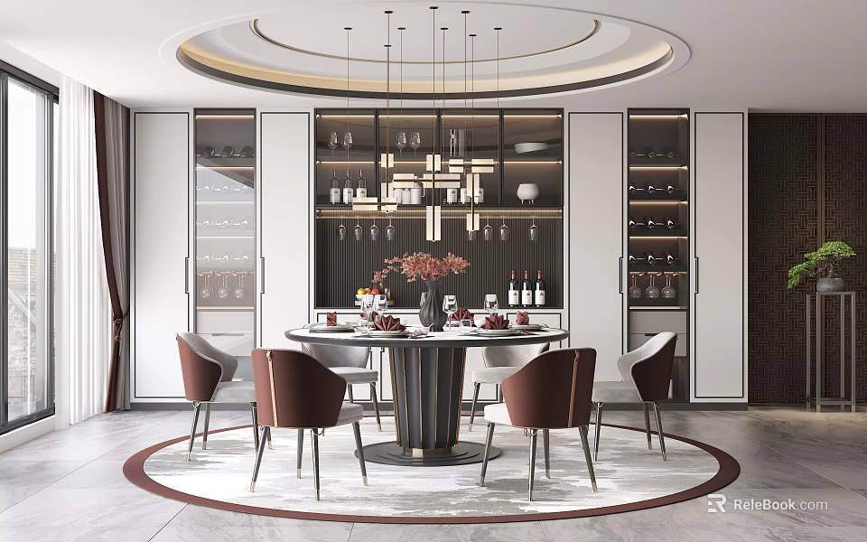 Modern Restaurant Interior With Round Dining Table Pendant Lights And Wine Cabinets 3d model