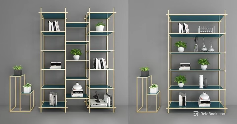 Modern Bookshelf With Gold Frame And Green Backdrop Featuring Books Potted Plants And Decorative Items 3d model 