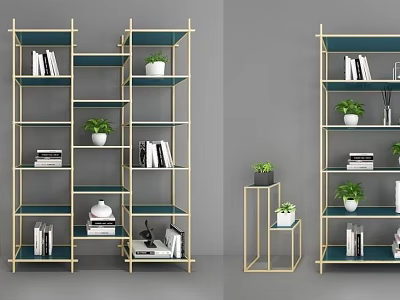 Modern Bookshelf With Gold Frame And Green Backdrop Featuring Books Potted Plants And Decorative Items 3d model