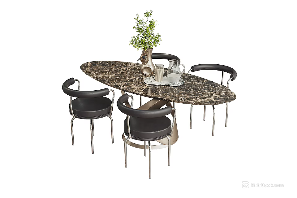 Modern Oval Marble Dining Table Set with Black Metal Leg Chairs and Green Plant 3d model 