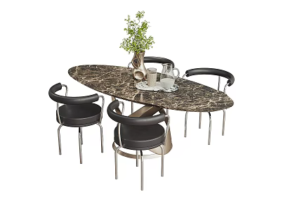 Modern Oval Marble Dining Table Set with Black Metal Leg Chairs and Green Plant 3d model