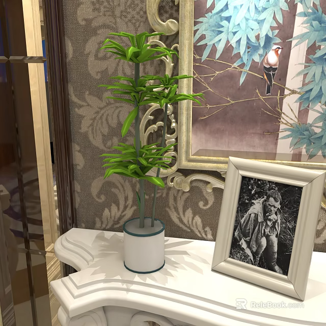 Bonsai Potted Plant on White Table with Framed Photo and Patterned Wallpaper 3d model 