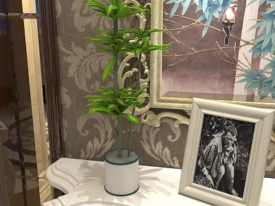 Bonsai Potted Plant on White Table with Framed Photo and Patterned Wallpaper 3d model