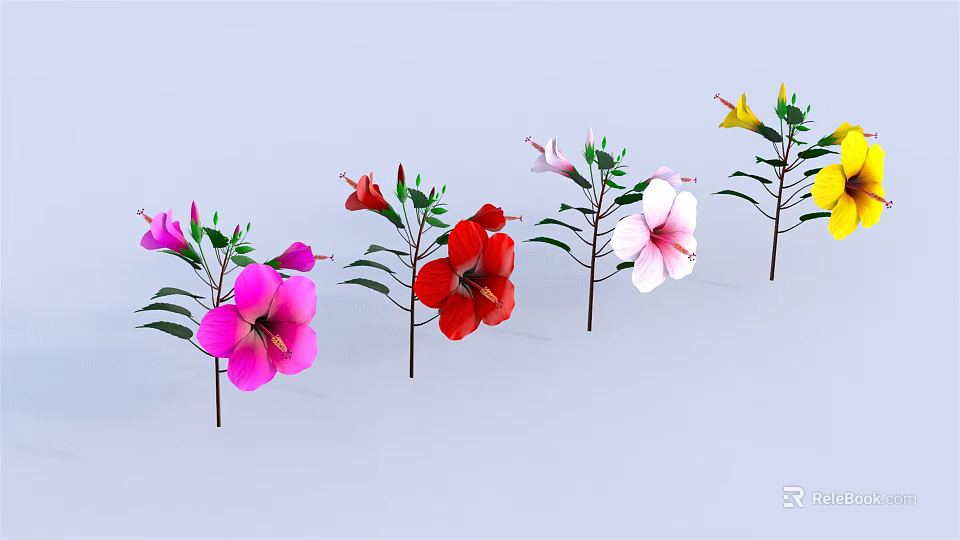 Colorful Flowering Plants with Pink Red White Yellow Blooms and Green Leaves 3d model 