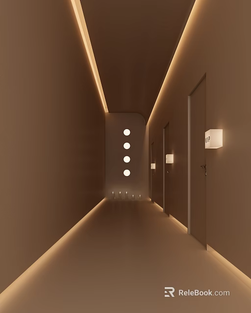 Contemporary Hotel Corridor With Warm Beige Walls Recessed Round Lights And Wall Sconces 3d model 