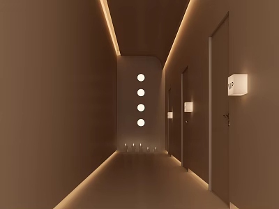 Contemporary Hotel Corridor With Warm Beige Walls Recessed Round Lights And Wall Sconces 3d model