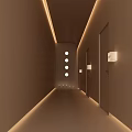 Contemporary Hotel Corridor With Warm Beige Walls Recessed Round Lights And Wall Sconces
