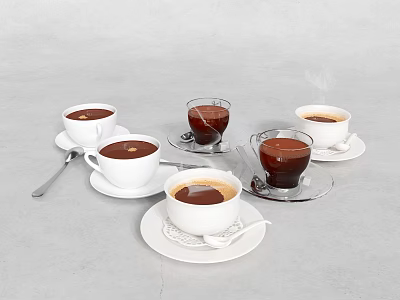 Elegant Tea Set With White Cups Saucers And Transparent Glass Steaming Tea 3d model