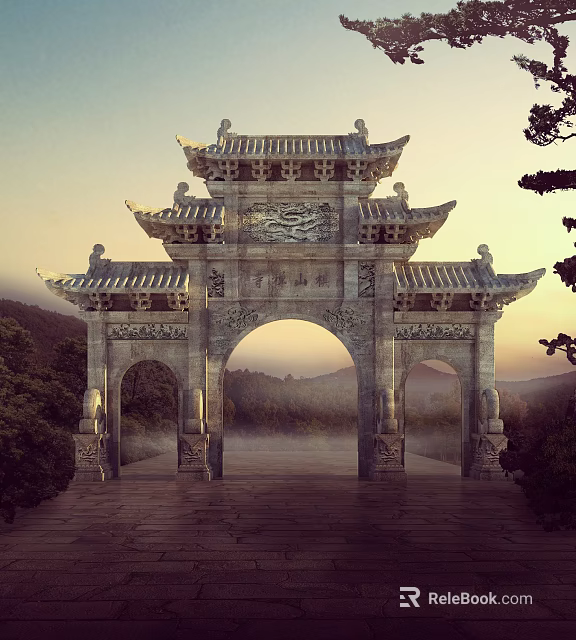 Traditional Chinese Stone Archway With Intricate Carvings And Mountain Landscape 3d model 