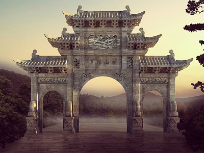 Traditional Chinese Stone Archway With Intricate Carvings And Mountain Landscape 3d model