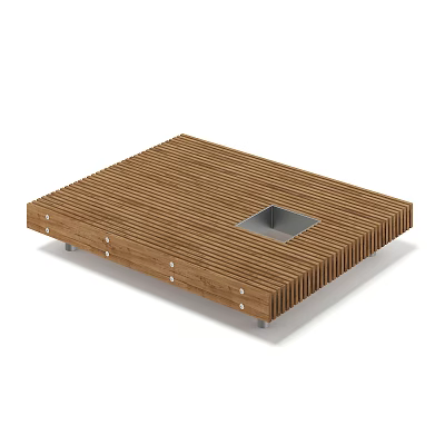 Wooden Commercial Square Table with Slatted Surface Central Recess and Metal Support Legs 3d model