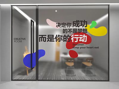 Glass Wall With Creative Text And Colorful Shapes In Office 3d model
