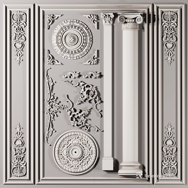 Intricate Carvings And Circular Ornaments On Elegant Wall With Columns 3d model 