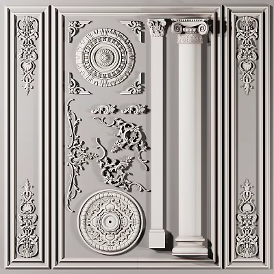 Intricate Carvings And Circular Ornaments On Elegant Wall With Columns 3d model