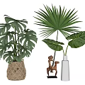 Decorative Woven and White Vases with Monstera Palm Leaf Plants and Figurine